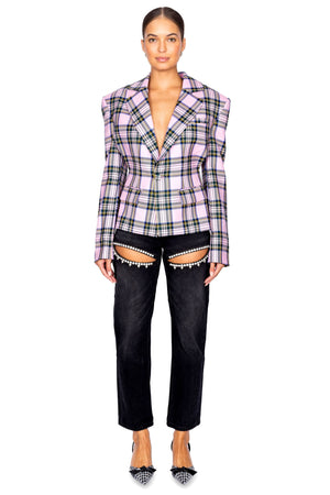 Heart Draped Cutout Checked Blazer