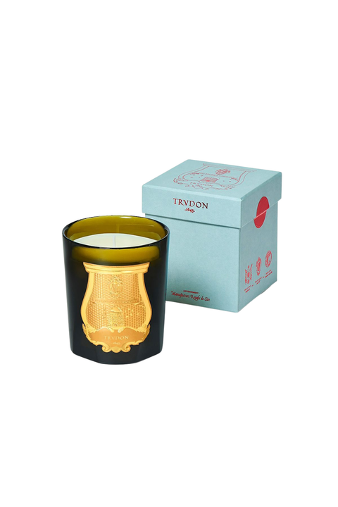 An olive green murano class candle vessel with a gold crest logo with white wax and its light blue gift box on a white background. 