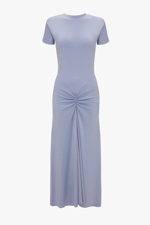 Blue short sleeve midi dress with pleat detail at front waist.