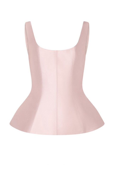 Ghost image of light pink satin peplum tank top. 