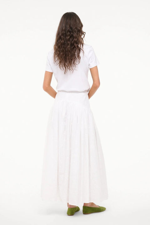 Back angle of a woman wearing a white maxi eyelet dress that features a curved yoke waist, paired with a white tee and green flats. 