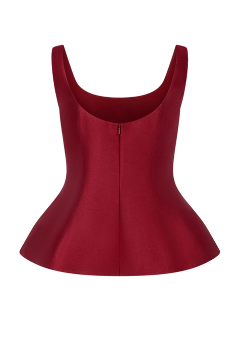 Ghost image of the back of a red satin peplum tank top. 