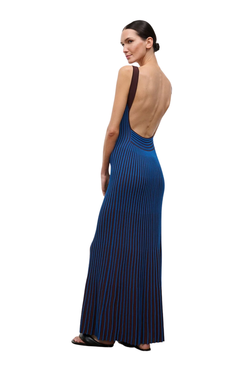 A woman modeling a sleeveless, open-back maxi dress with vertical blue and brown stripes, shown from the back against a plain white background.