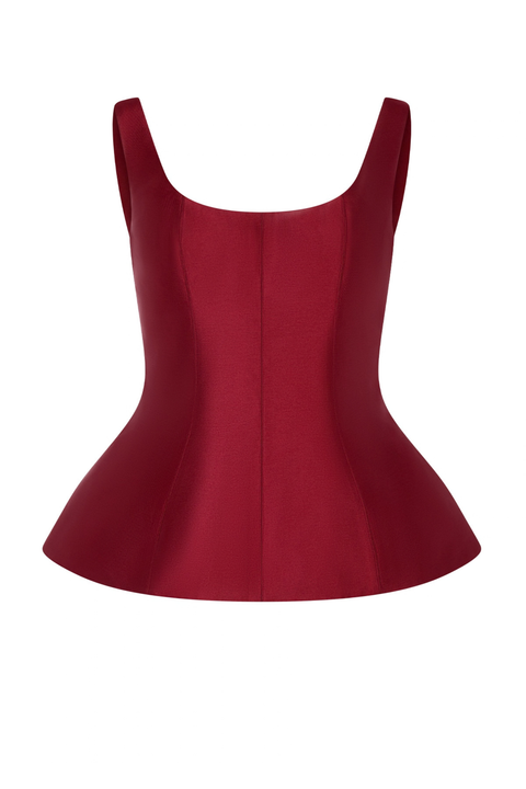 Ghost image of red satin peplum tank top. 
