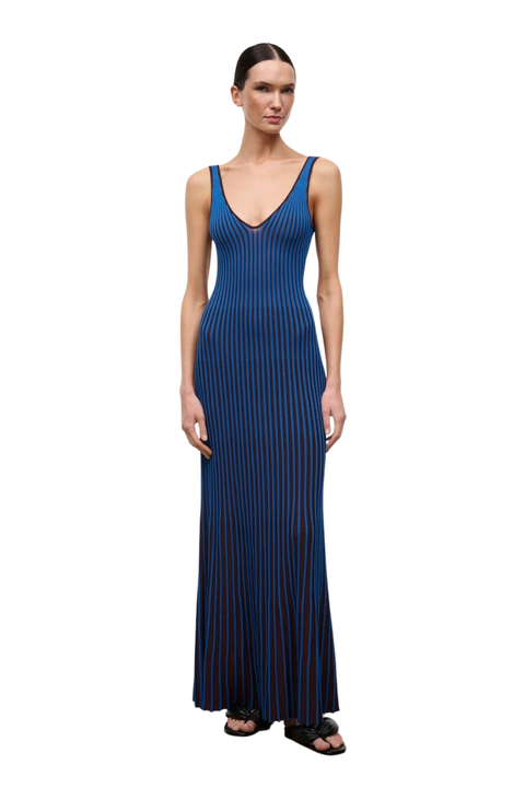 A woman modeling a sleeveless, floor-length blue and brown striped dress, photographed against a plain white background.
