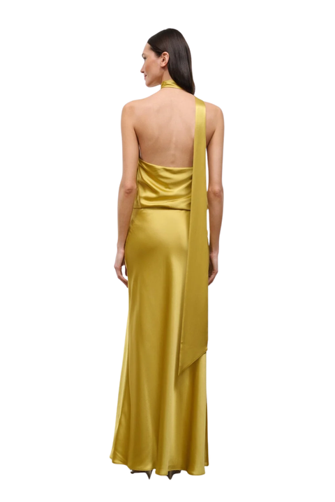 A woman modeling a floor-length satin gown from the back, featuring a halter-style back with a draped strap, on a plain white background.