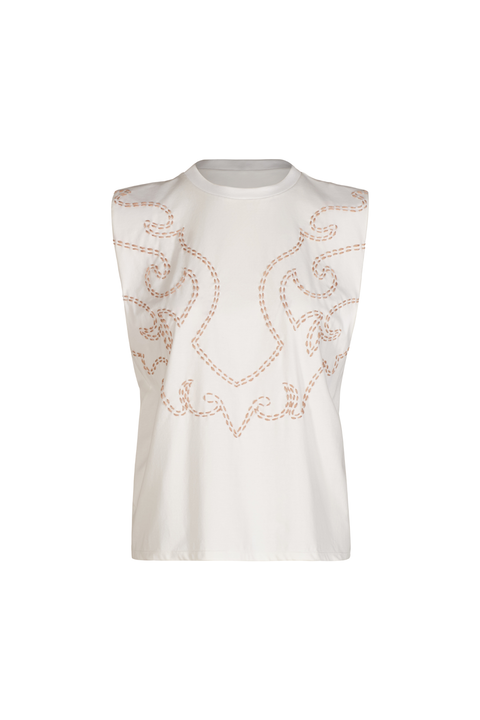 An off-white sleeveless top with a crew neck, featuring a decorative pattern of small peach-colored embroidery on the front