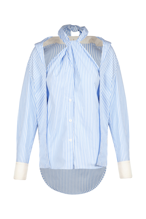 A light blue and white vertically striped button-up shirt with a unique high-low hem, sheer mesh shoulder panels, and contrasting solid white cuffs.