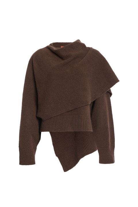 An asymmetric, draped brown sweater on a white background