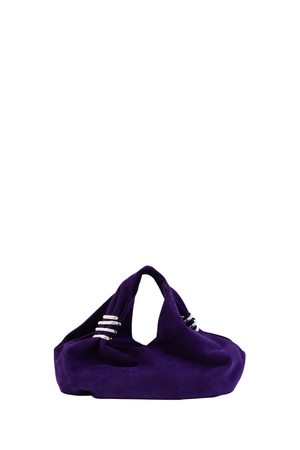 Purple suede handbag with silver accents on a white background