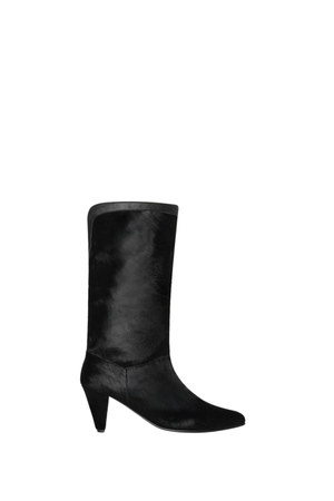 A black mid-height boot with cow leather and a pointed heel