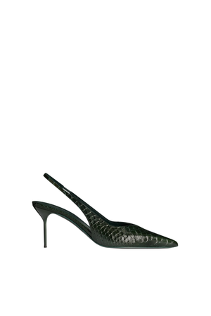 A single dark green pointed-toe slingback pump with a textured crocodile-embossed finish, shown from a side profile on a solid white background.