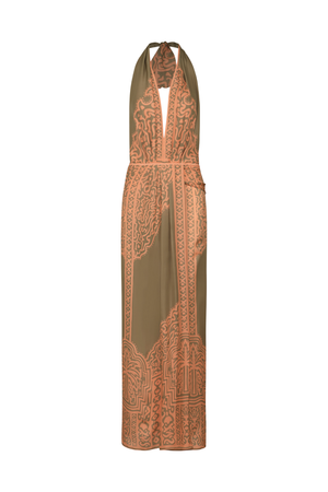 A halter-neck maxi dress with a deep V-neckline, featuring a solid olive green base with intricate peach and orange geometric and floral patterns, shown against a plain white background.