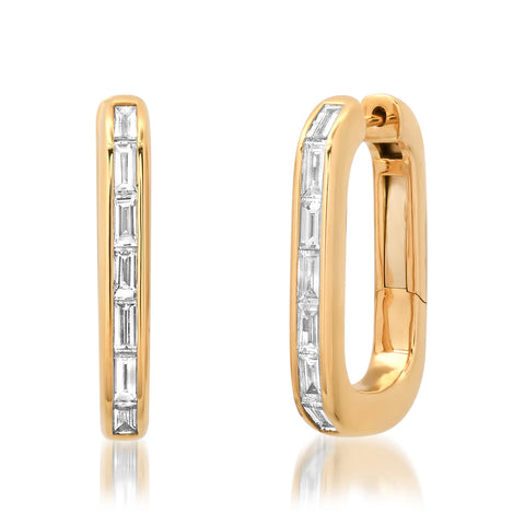 Ghost image of a pair of gold rectangular hoops that feature inset baguette diamonds on the front. 