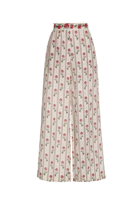 Flat lay of floral pants on a white background
