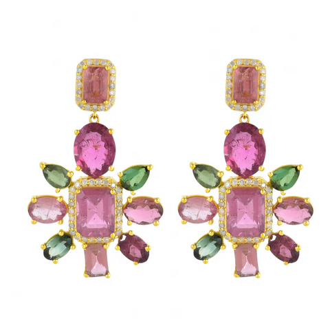 Front of pair of earrings shaped like a petal in pink and green tourmalines with diamonds.