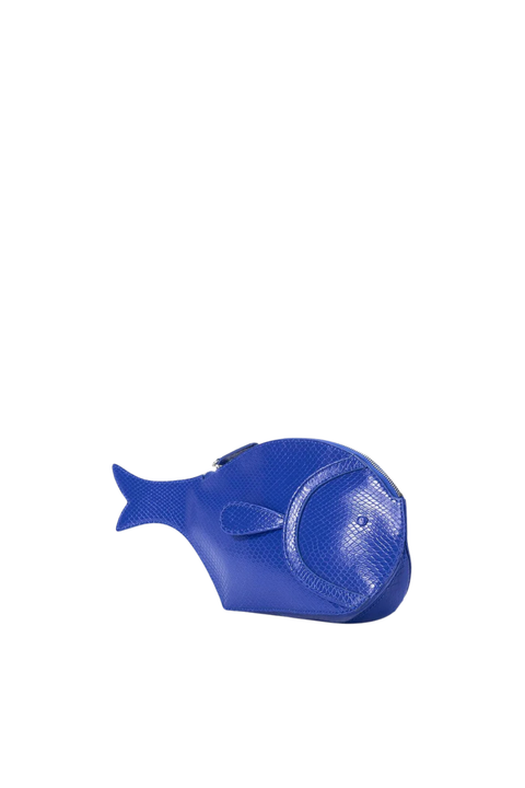 Cobalt blue fish shaped clutch bag side angle