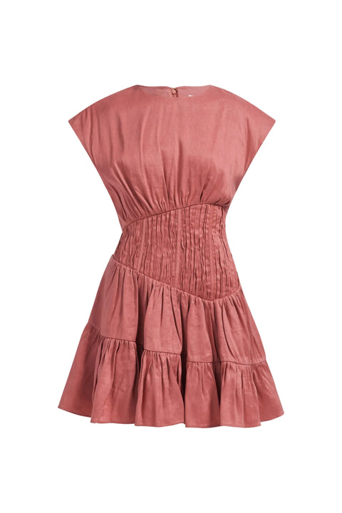 Red mini dress with tiered skirt on a light gray background