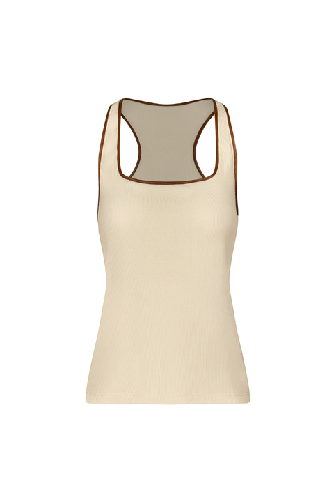 A beige racerback tank top with brown trim along the scoop neckline and armholes, shown against a plain white background.