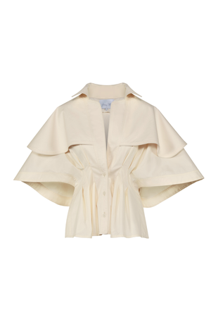A cream-colored short-sleeved blouse with a structured collar, layered ruffle details across the shoulders, and a gathered waist with a tie belt, shown against a plain white background.