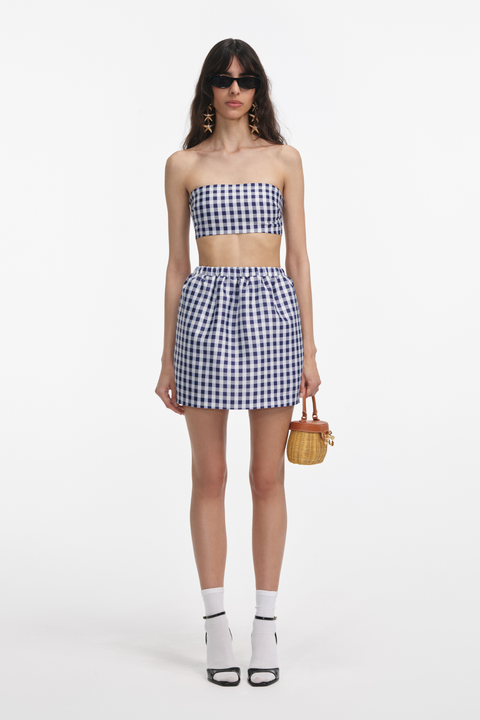 Navy Gingham Taffeta Mini Skirt
