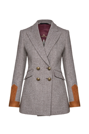 A women's double-breasted blazer in a gray and white herringbone pattern, featuring brown suede-like elbow patches and gold-tone buttons.