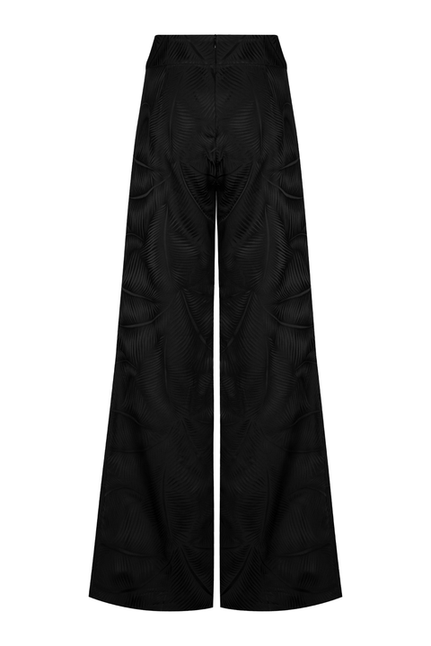 Black wide-leg pants with a subtle leaf pattern, on a white background
