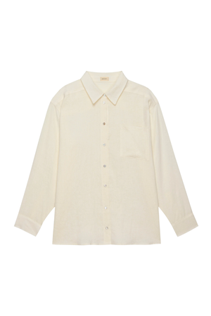 An off-white linen long-sleeve button-up shirt with a pointed collar and a single chest pocket, displayed flat against a solid white background.