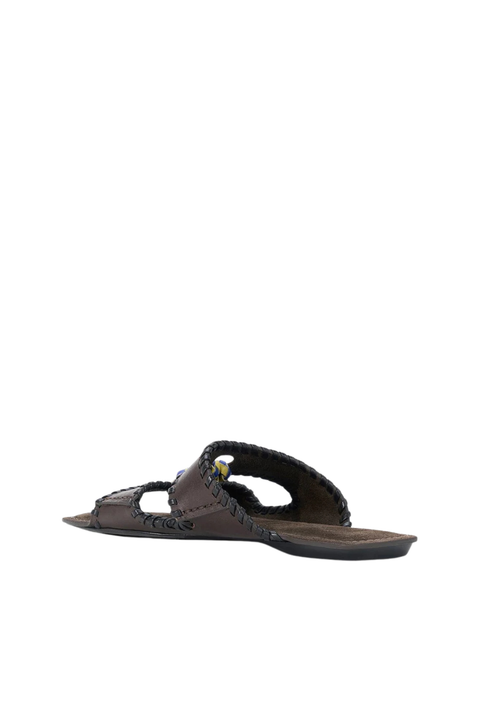 A brown slide-on sandal with a blue tie in the middle