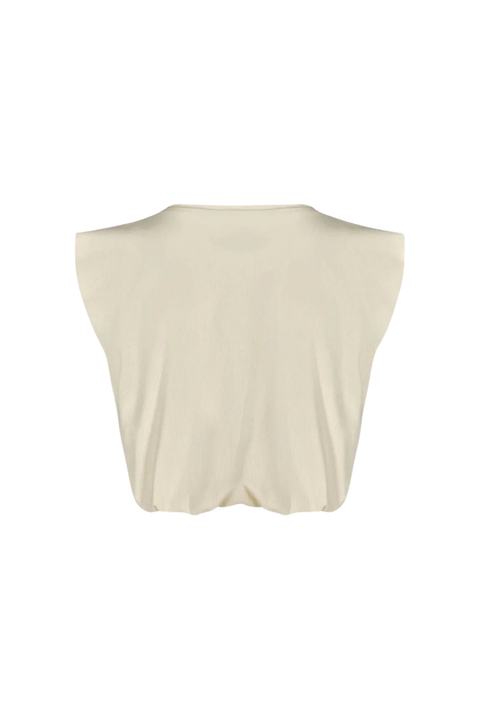 A cream-colored sleeveless top with a wide, rounded neckline, shown from the back against a plain white background.
