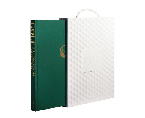 White textured casing and front cover of coffee table book titled "Golf"
