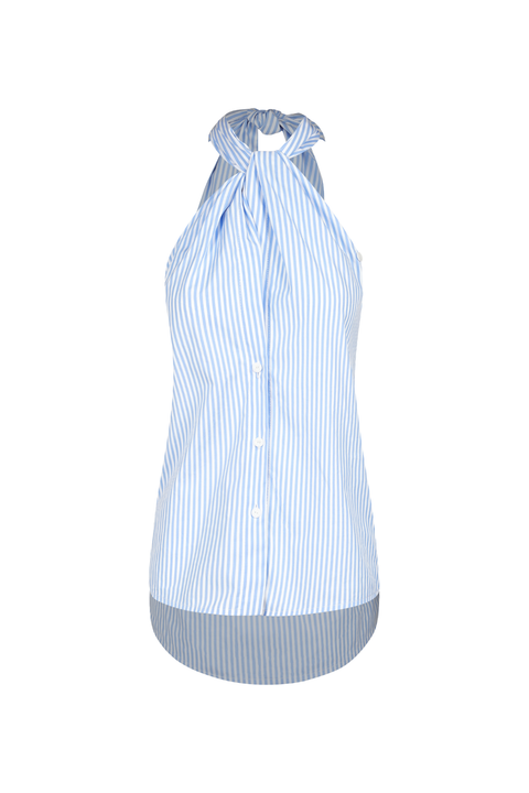 A sleeveless halter-style blouse with vertical light blue and white stripes, featuring a button-down front