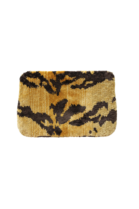 A rectangular velvet clutch bag with a tiger-stripe pattern in black on a golden-yellow background, shown against a plain white background.