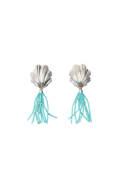 Silver shell earrings with turquoise beading