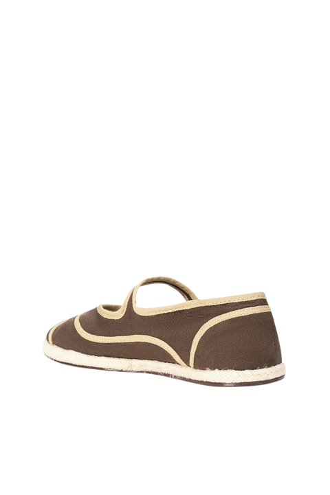 A single brown espadrille-style flat shoe with beige trim and a braided jute sole, shown from a side-rear angle on a plain white background.
