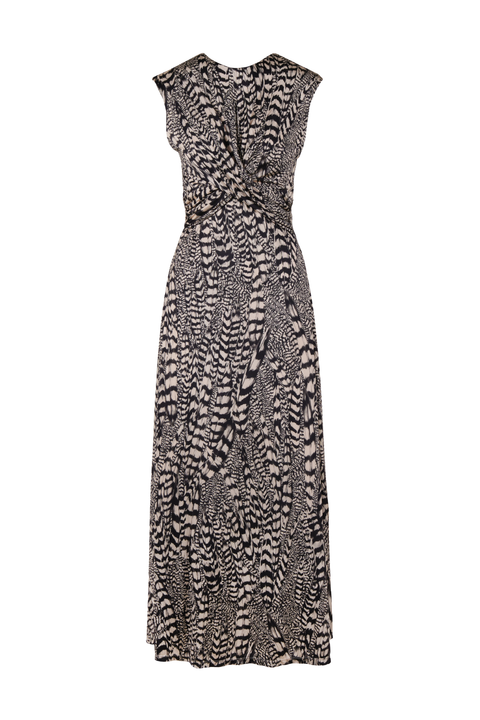 A sleeveless maxi dress with a black and white zebra-like print, featuring a draped wrap-style bodice and a V-neckline, shown against a plain white background.