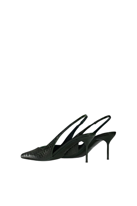 A pair of green pointed-toe slingback heels with a python printed upper and slim stiletto heels, shown from a side profile on a plain white background.