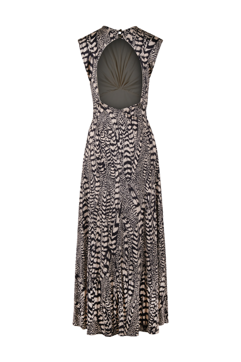 A sleeveless maxi dress with a bold black and white zebra-like animal print, featuring a structured open back with a dark mesh insert.