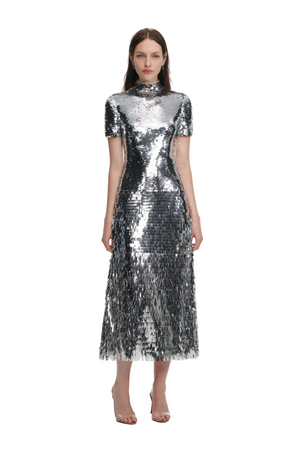 Silver short sleeve sequin maxi dress worn by a model on a white background