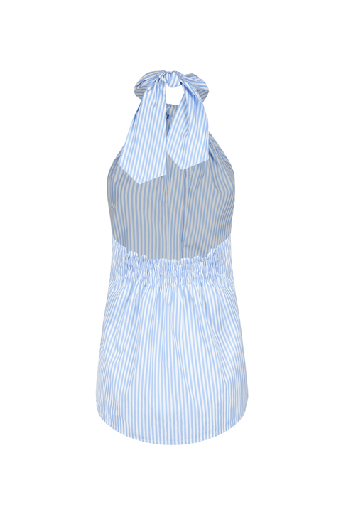 A light blue and white vertically striped halter top with a tie-neck detail and an elasticized waist, shown against a plain white background.