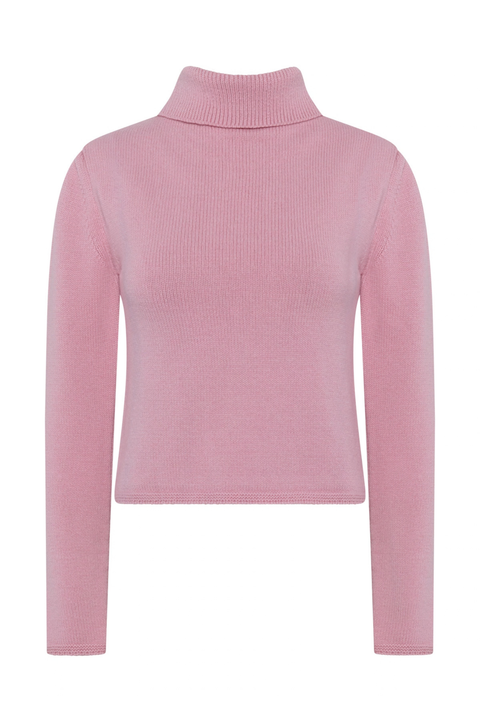 Ghost image of a pink turtleneck sweater. 