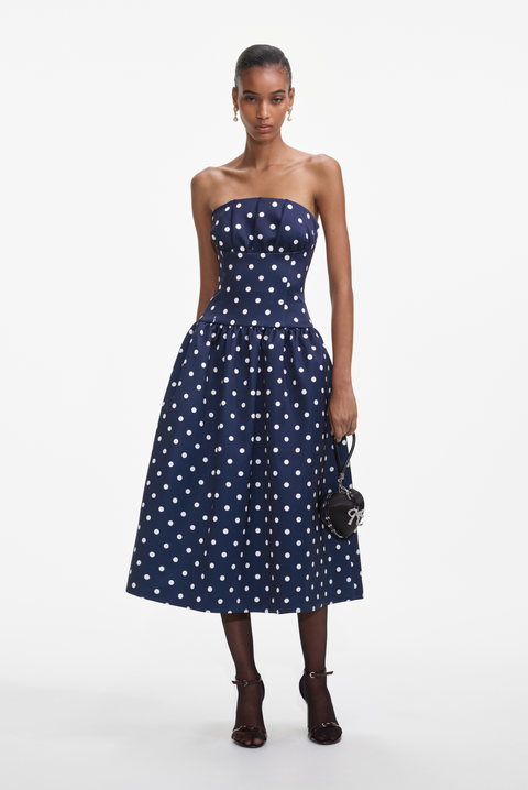 Navy Polka Dot Satin Midi Dress