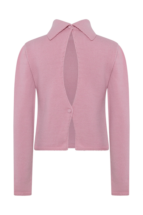 Ghost image of back of pink turtleneck sweater with open back with button closure. 