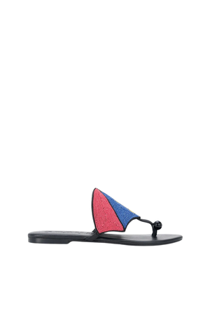 A single black flat thong sandal with a triangular woven strap featuring red and blue sections, shown in profile against a plain white background.