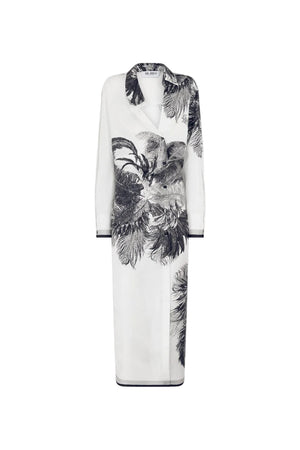 White maxi shirt dress with black feather pattern on a white background