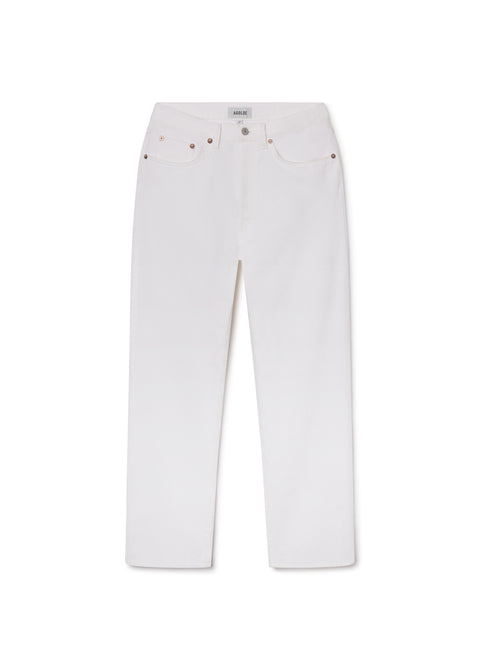 Flat lay of person wearing white, mid-rise, straight-leg jeans on a white background