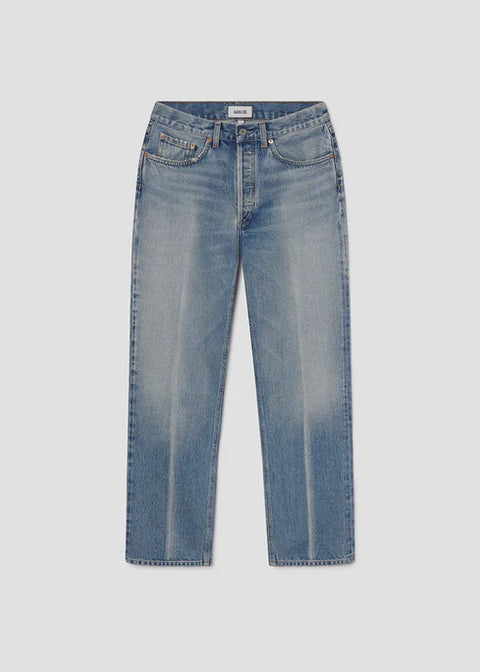 Flat lay of mid-rise, straight-leg jeans