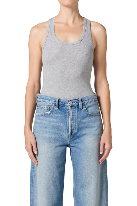 Grey bodysuit and mid-rise light washed denim