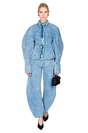 Acid Wash Denim Puff Sleeve Shirt