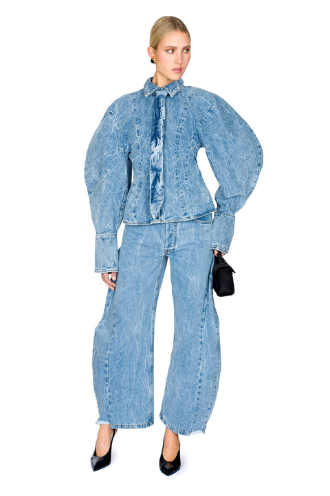 Acid Wash Denim Puff Sleeve Shirt